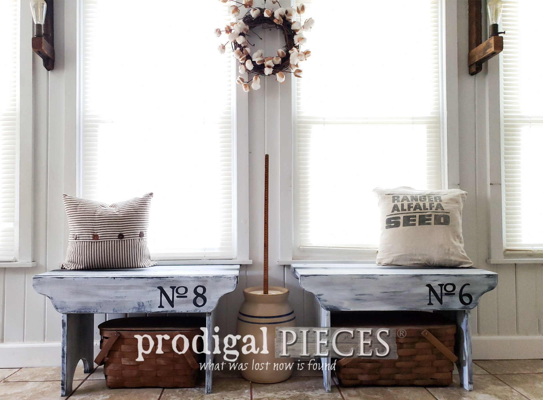Featured Rustic Farmhouse Benches with Grain Sack Stripe by Larissa of Prodigal Pieces | prodigalpieces.com
