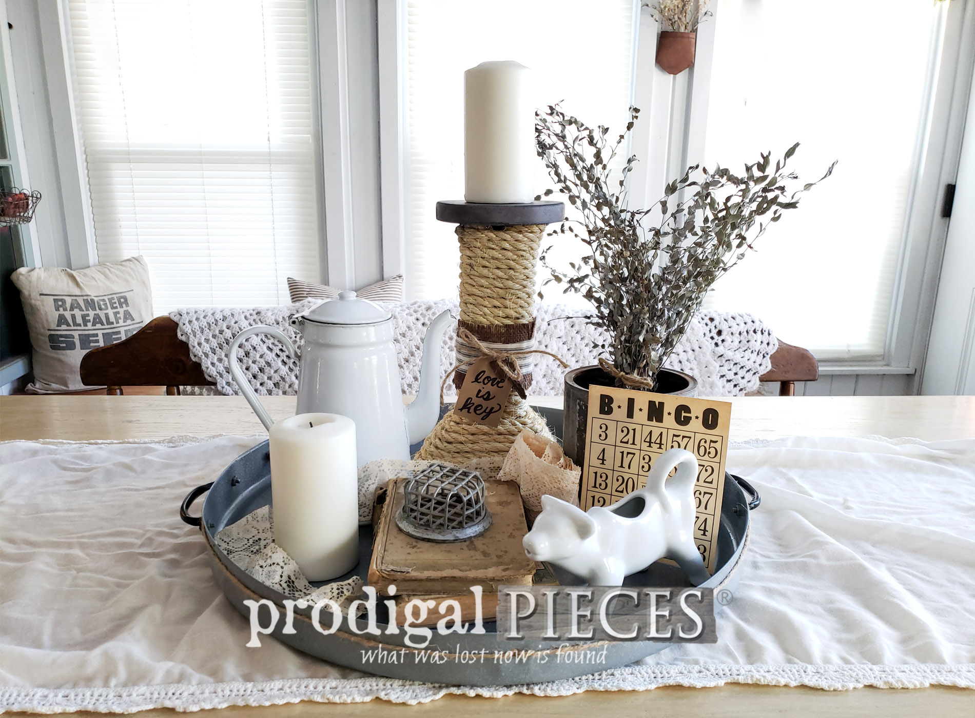 Featured Upcycled Farmhouse Tray and Candle Holder made from a curbside table | Come see the DIY video tutorial at Larissa of Prodigal Pieces | prodigalpieces.com