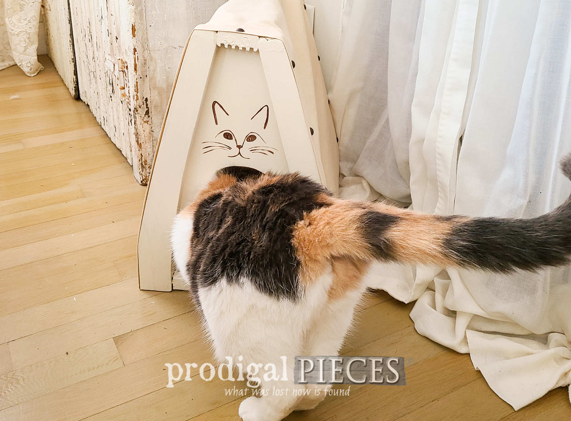 Featured Upcycled Chair Parts transformed into a Cat Cave by Larissa of Prodigal Pieces | prodigalpieces.com #prodigalpieces #diy #cats #pets #home #upcycled