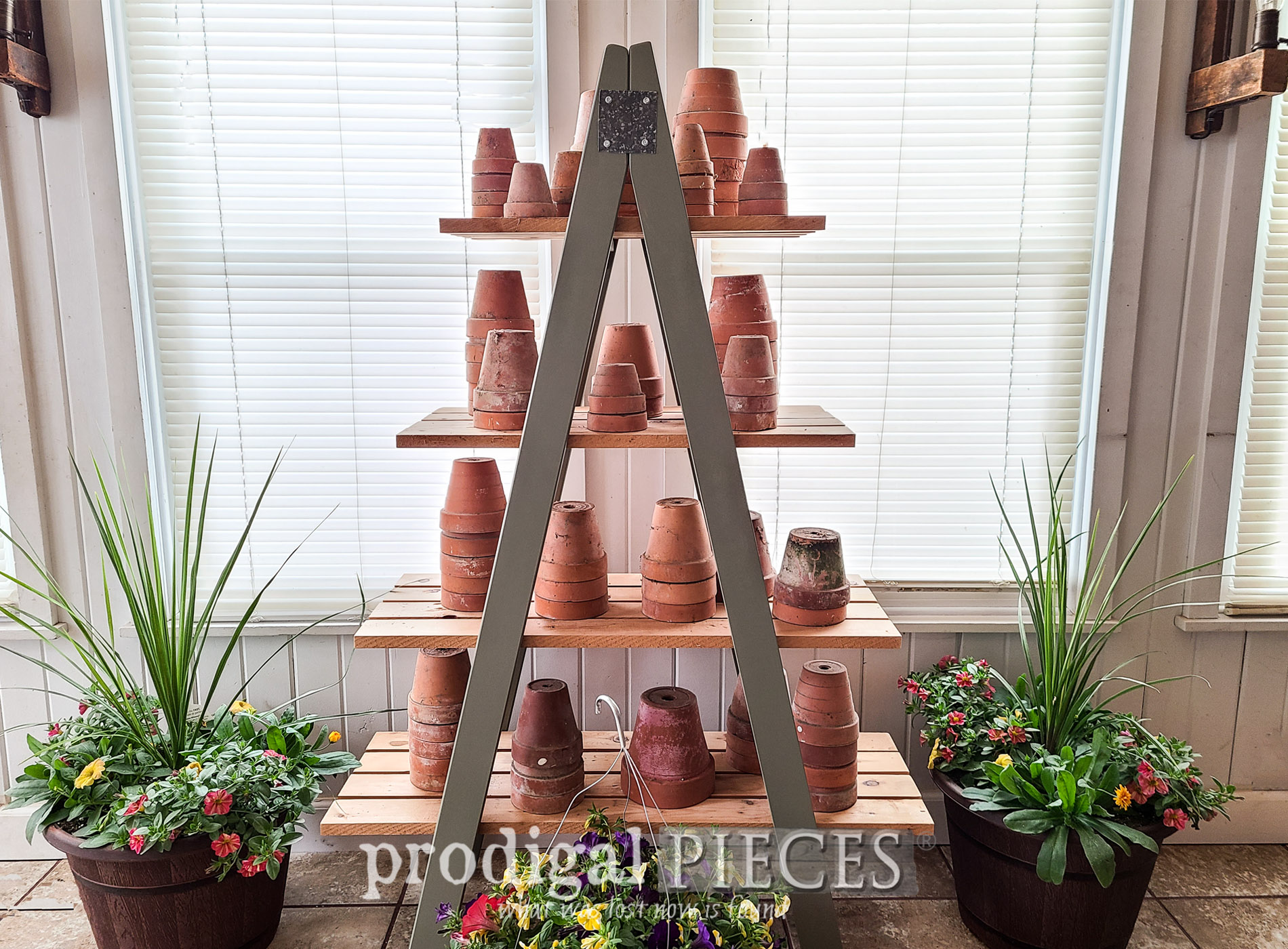 Featured Upcycled Bunk Bed Ladders into Tiered Shelf by Larissa of Prodigal Pieces | prodigalpieces.com #prodigalpieces #diy #upcycled #farmhouse #garden #home #homedecor