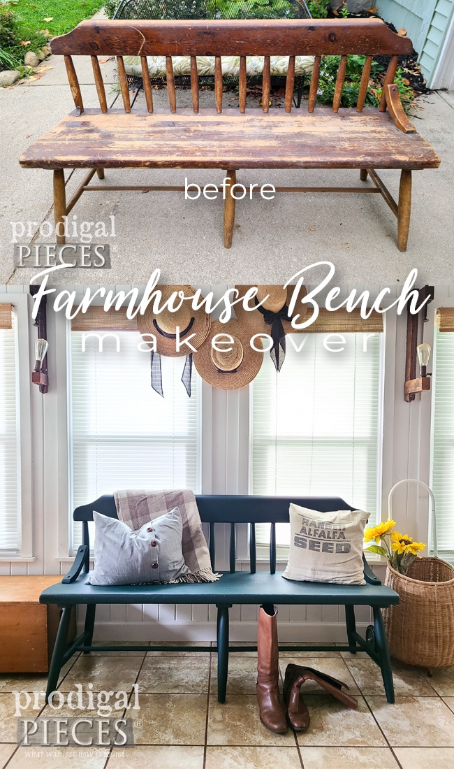 This vintage farmhouse bench makeover is a great way to revive a dated and damaged pieces. See the full DIY details at Prodigal Pieces | prodigalpieces.com #prodigalpieces #diy #vintage #makeover #furniture This vintage farmhouse bench makeover is a great way to revive a dated and damaged pieces. See the full DIY details at Prodigal Pieces | prodigalpieces.com #prodigalpieces #diy #vintage #makeover #furniture