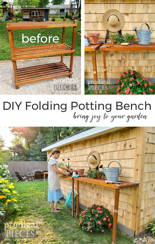 DIY Folding Potting Bench from Upcycled Parts by Livin' Real with Larissa | livinrealwithlarissa.com #livinrealwithlarissa DIY Folding Potting Bench from Upcycled Parts by Livin' Real with Larissa | livinrealwithlarissa.com #livinrealwithlarissa